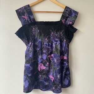 Portmans Black & Purple Butterfly Sleeves Shirring Bust Tank Size 10